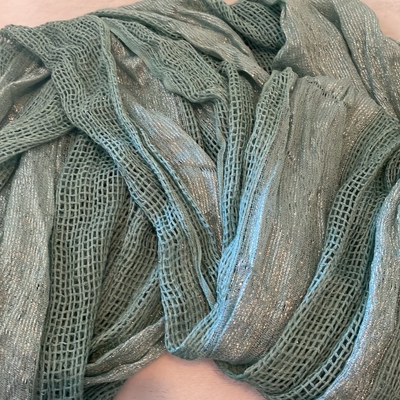 Soft deep mint green infinity scarf with silver metallic highlights, 72”X 28” - Picture 7 of 11